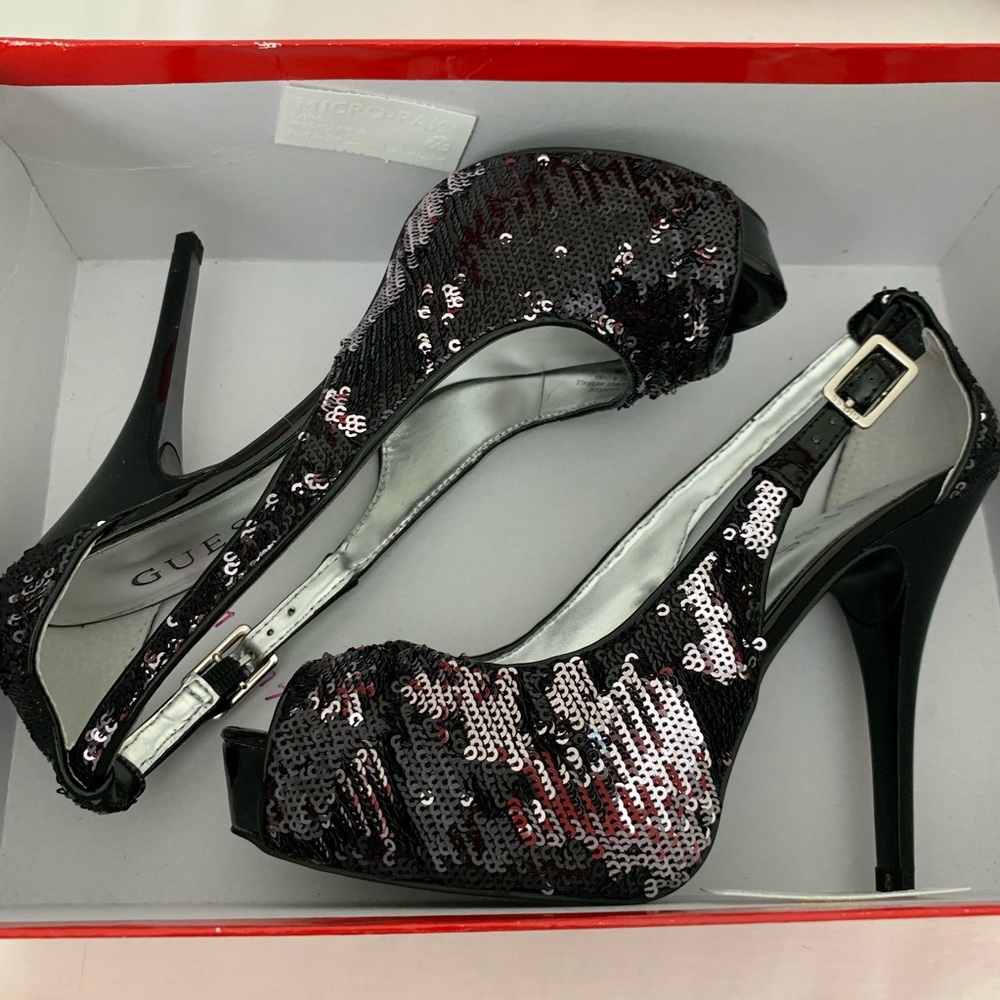 Gorgeous Black Sequin Open Toe Heels, Size 6
